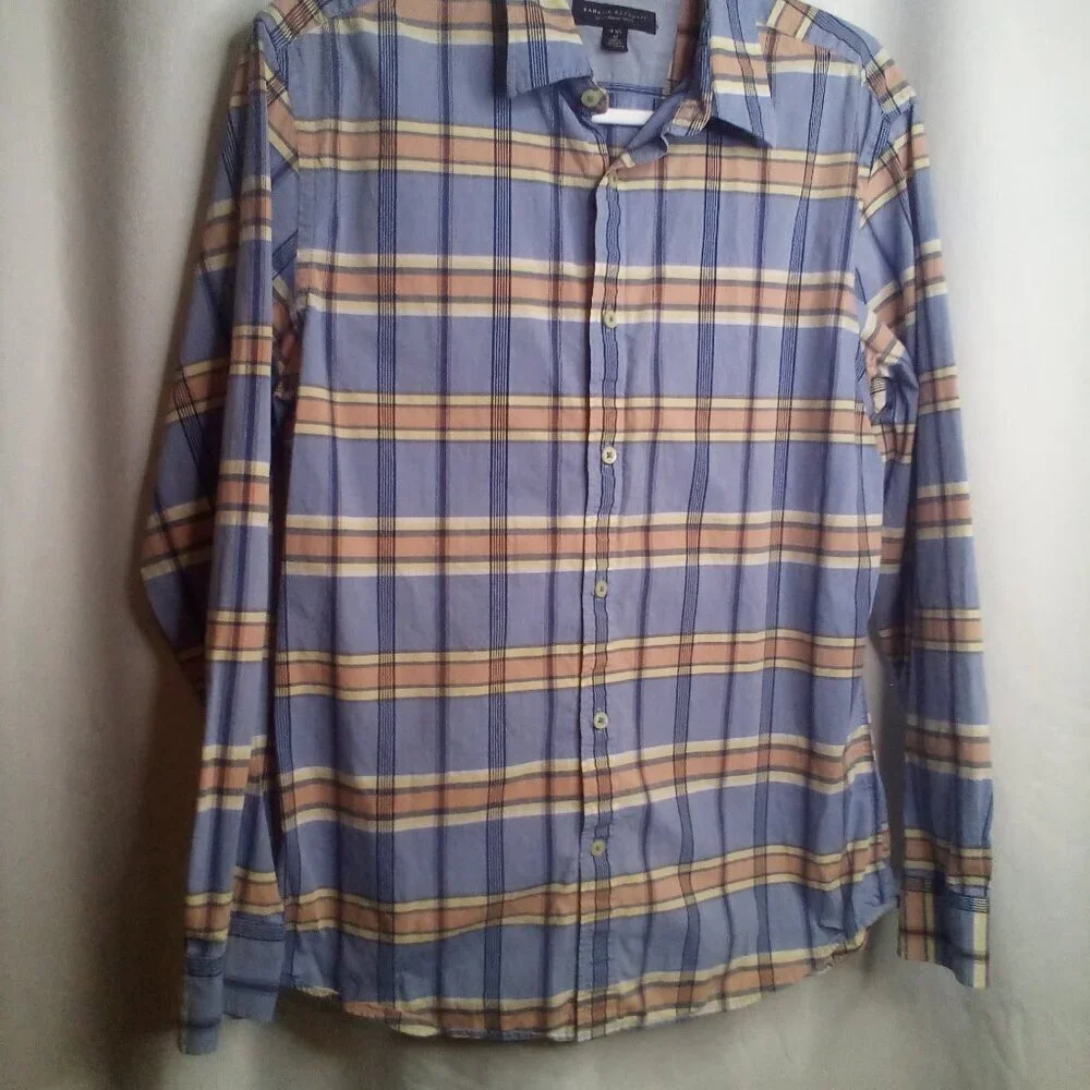 Banana Republic Shirt Men M 15 15 1/2 Button Up Long Sleeve Plaid Blue Orange